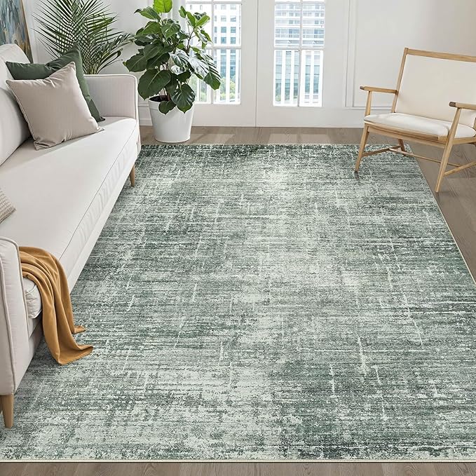 6x9 Area Rugs Living Room: Washable Large Neutral Rug Abstract Soft Modern Stain Resistant Indoor Floor Non-Slip Carpet for Bedroom Nursery Kids Office Playroom Dining Room Under Table- Dark Green