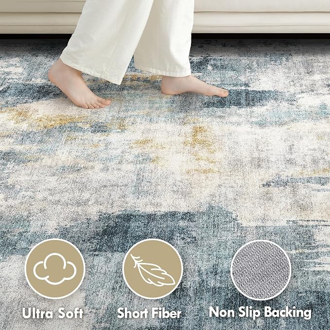 Tortania Washable 8x10 Area Rug for Living Room: Modern Abstract Neutral Large Soft Thin Rugs - Non Slip Indoor Carpet for Bedroom Dining Room Office Nursery Home Floor Decoration - Blue