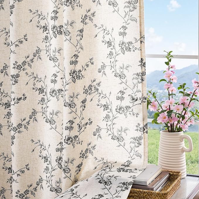 jinchan Black Floral Linen Curtains 63 Inch Rustic Drapes Back Tab 2 Panels | Black on beige, light filtering, semi sheer, farmhouse, country, privacy, flower, bedroom, living room, window treatment