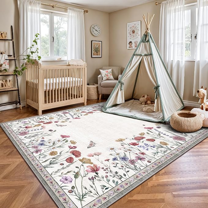 6x9 Area Rugs, Washable Floral Area Rugs for Living Room, Indoor Area Rug for Bedroom, Dining Room, Low Pile Non-Slip Non Shedding Rugs(Classic Beige)