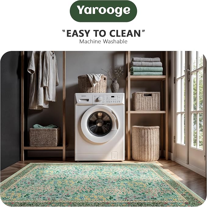 8x10 Area Rugs, Machine Washable Low Pile Floral Rugs for Living Room, Bedroom, Large Boho Area Rug with Non-Slip Backing for Dining Room(Green Floral)