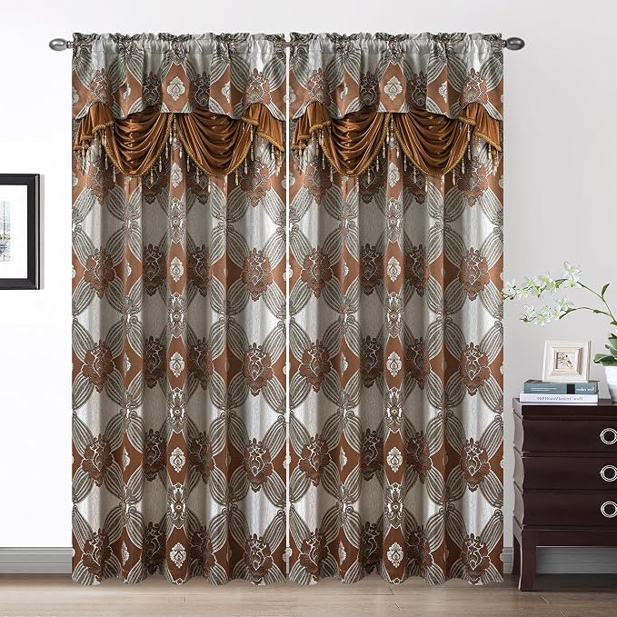 Petrichor Elegant Curtains with Gold Silver Threads 2 Panels Set - Luxury Window Treatment Attached Valance, Sheer Backing, and 2 Tie Backs for Bedroom and Living Room, 54x84 inches, Brown