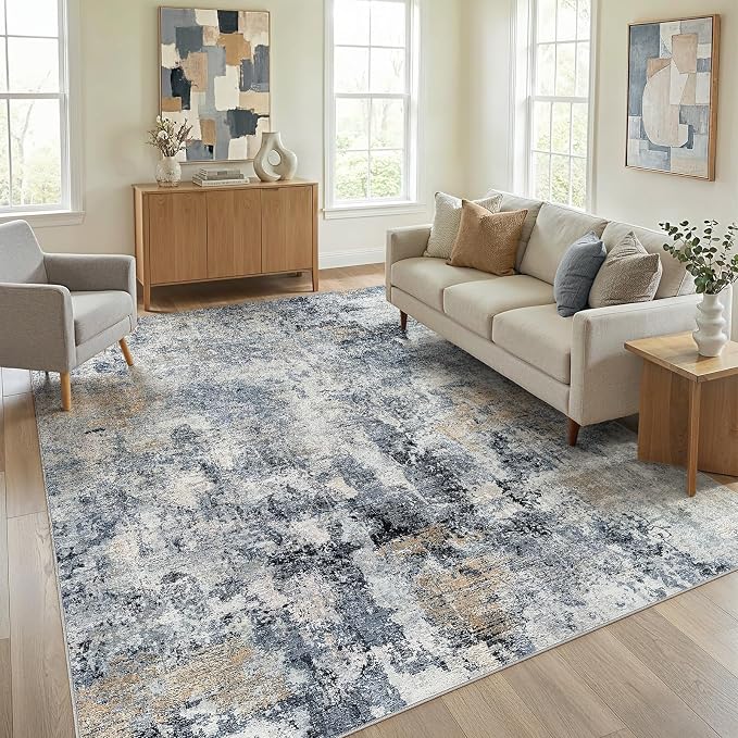 WITSHOCK Area Rugs 8x10 Living Room Rug - Washable Neutral Soft Low Pile Non-Slip Modern Abstract Thin Large Indoor Carpet for Bedroom Dining Room Nursery Office - Dark Blue Brown