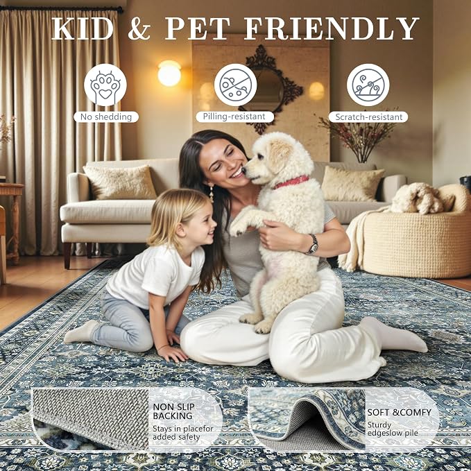 6x9 Area Rugs - Washable Vintage Retro Living Room Rug, Soft Ultra Thin Non Slip Low Pile Traditional Distressed Boho Carpet for Bedroom Dining Room Nursery Home Office, Blue