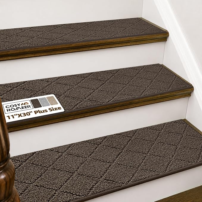 COSY HOMEER Stair Treads for Wooden Steps 11"x30" Washable Indoor Carpet Stair Treads Non Slip Soft Polyester Stair Carpet Tread Reusable Stair Runner Rugs for Kids, Elders,Pets,Brown,4pcs