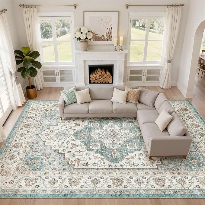 10x12 Area Rug Living Room: Washable Boho Large Neutral Vintage Soft Rug Stain Resistant Farmhouse Non-Slip Indoor Floor Carpet for Bedroom Nursery Kids Playroom Office Dining Room Home- Teal Brown