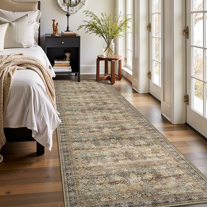 2x10 Hallway Runner Rug, Washable Vintage Retro Long Runner Rugs for Kitchen Laundry, Soft Ultra Thin Non Slip Low Pile Traditional Distressed Boho Carpet for Bedroom Bathroom, Charcoal Olive