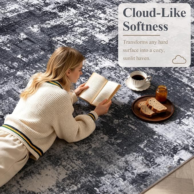 Sasttie 10x14 Soft Area Rug for Living Room, Modern Abstract Washable Large Carpet for Bedroom, with Non-Slip Backing, Black and White