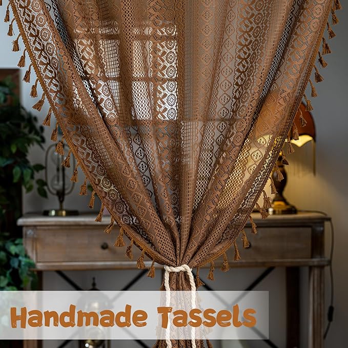Sutuo Home Dark Coffee Door Curtain for Door Window, Lace Sheer Doorway Curtain for Closet Crochet Vintage Tassels Bohemian Privacy Temporary Room Divider Rod Pocket,1 Panel 37" x 80"
