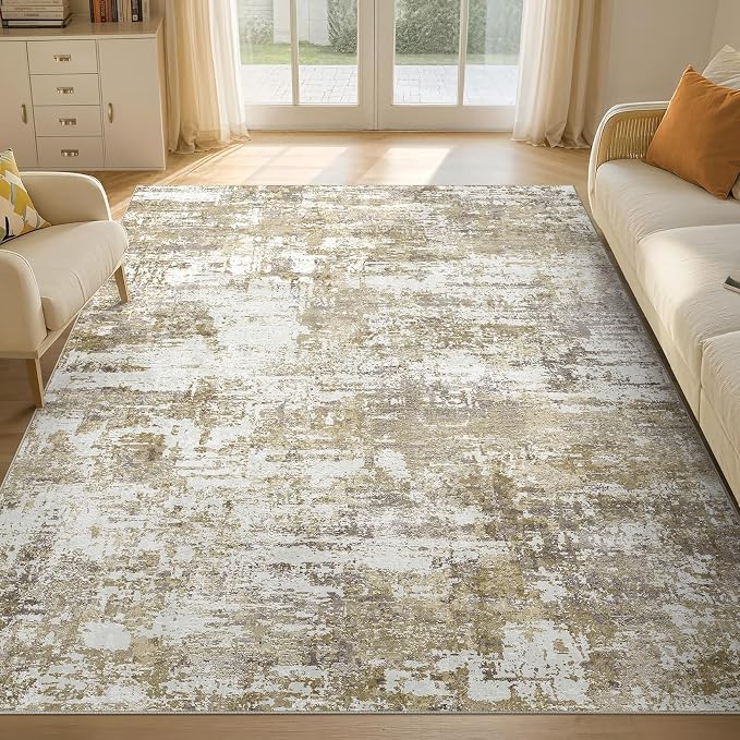 Tortania Area Rug Living Room Rugs - 6x9 Modern Abstract Neutral Large Soft Thin Rugs - Non Slip Indoor Carpet for Bedroom Dining Room Office Nursery Home Floor Decoration - Golden Brown