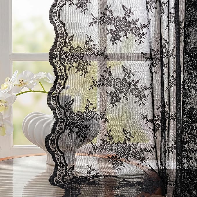 MEETSKY Black Lace Curtains 63 Inch Length 2 Panels Set Victorian Vintage Gothic Sheer Light Filtering Rod Pocket Drapes for Halloween Decor, 50" Wide Each Panel