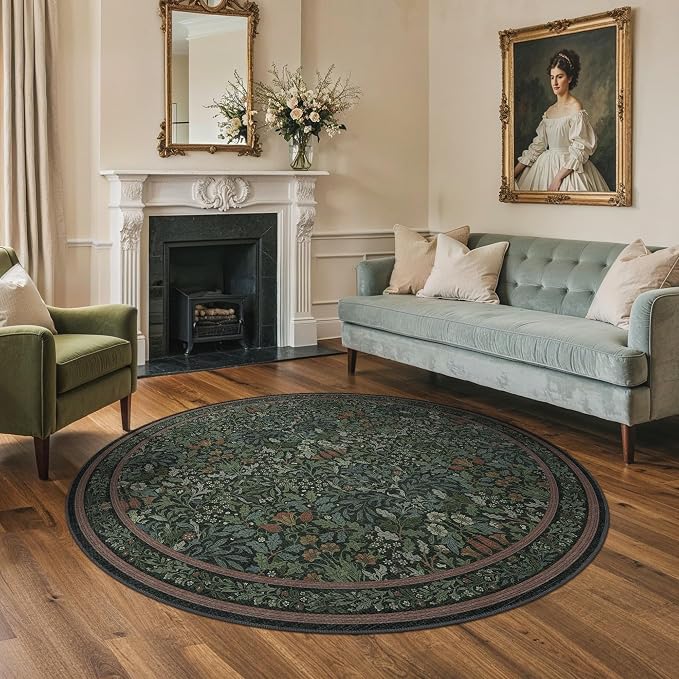 GENIMO 5 Ft Washable Round Rug for Bedroom, Non Slip, Dark Green | Vintage Boho Floral Low Pile Thin Circle Mat for Bedroom, Kitchen, Nursery, Dining Area