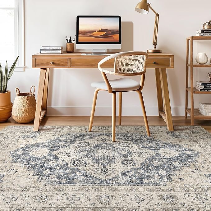 9x12 Area Rug Living Room: Washable Boho Large Neutral Vintage Soft Rugs Stain Resistant Distressed Farmhouse Non-Slip Indoor Floor Carpet for Bedroom Nursery Kids Office Dining Room- Brown Blue