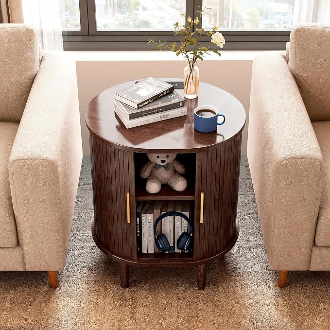 DHH Mid Century Modern Nightstand with Charging Station, Fluted Accent Side Table with Sliding Door & Adjustable Shelf, End Table for Small Space, Living Room, Bedroom,Sofa Couch (1, Walnut)