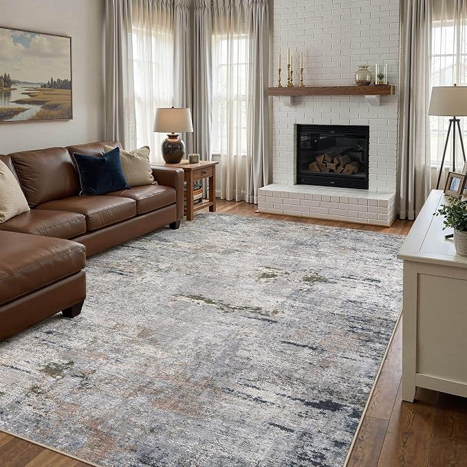 DMOYEST Area Rug Living Room Rugs - 8x10 Washable Large Soft Indoor Neutral Modern Abstract Low Pile Rug Carpet for Bedroom Dining Room Farmhouse Home Office - Blue/Grey/Brown