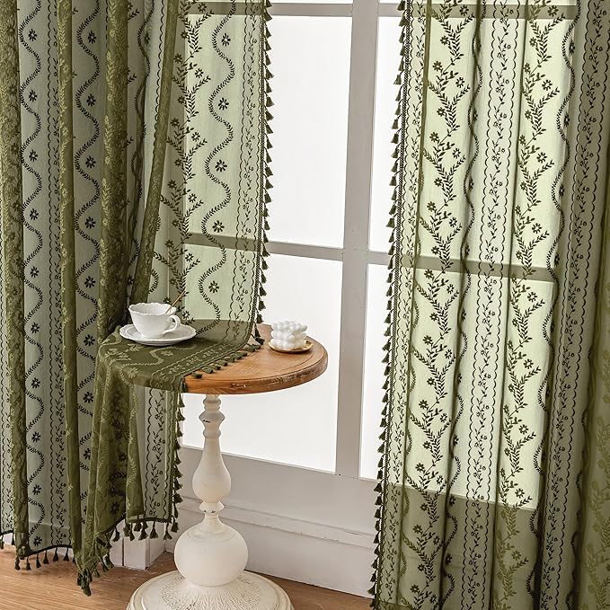 WAZZIO Boho Lace Curtains 2 Panels 84 Inch -Victorian Sheer Panel Drape French Country Floral Pattern & Tassel Light Filtering Privacy for Bedroom Dining Living Room,Coastal Decor,Olive Green,W52x L84