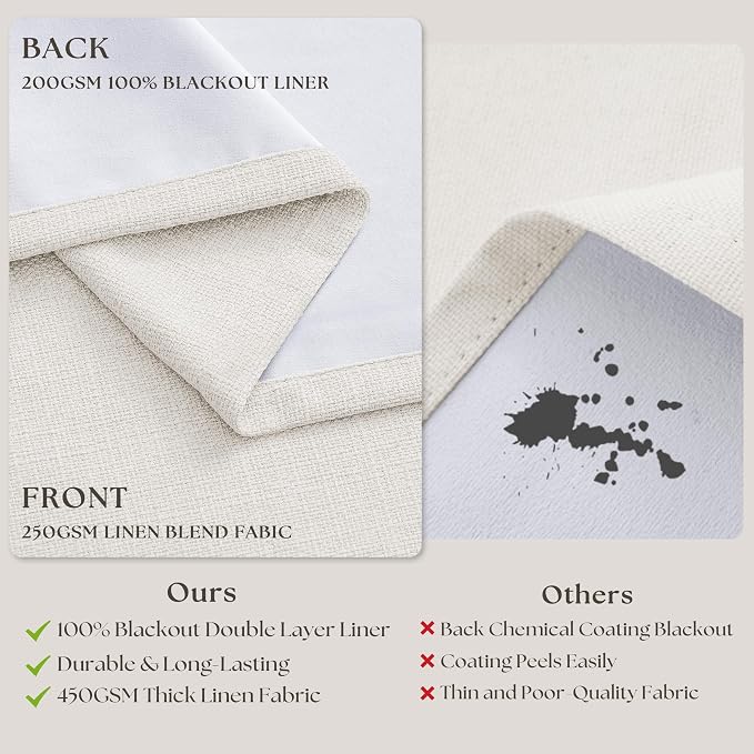 Pinch Pleated Blackout 102 Inch Bedroom Curtains 2 Panels Set Linen Dual Layer Soundproof Farmhouse Window Drapes for Living Room with Back Tab 100% Black Out Window Drapes Ivory Cream Off White