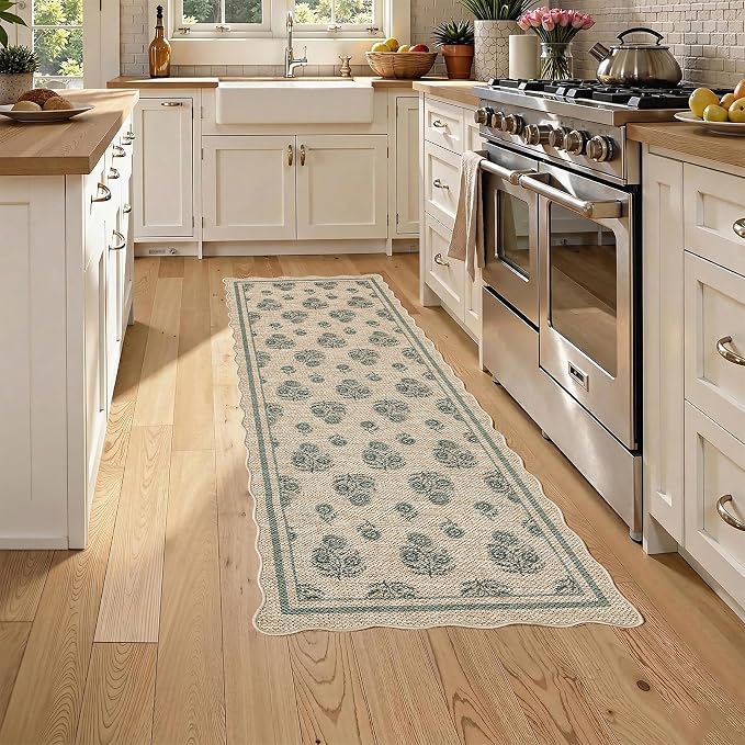ORTIGIA Scalloped Easy Jute 2x6 Kitchen Runner Rug Vintage Green Floral Accent Farmhouse Washable Rug Non-Slip Outdoor Carpet for Entryway Indoor Hallway Patio Laundry Room