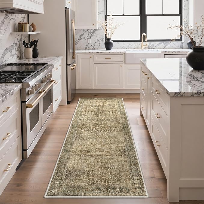 Bavni Washable Rugs 4x6 Machine Washable Rug Lightweight Low Pile, Vintage Floral Rug Non-Shedding Distressed Throw Carpet for Living Room Bedroom Office, Green