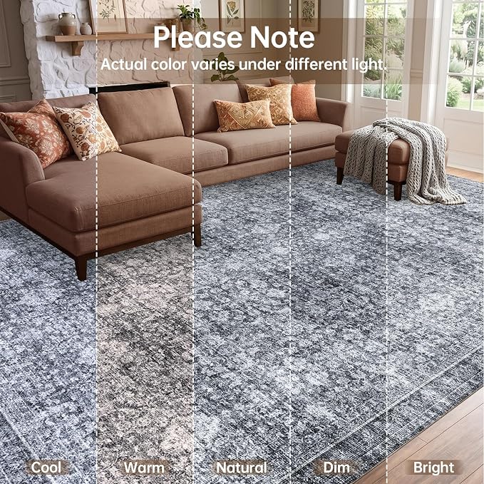 Sasttie 9x12 Area Rug, Ultra-Soft Washable Rug, Low Pile Foldable Thin Carpets with Non-Slip Backing, Skin-Friendly Stain Resistant Carpet for Living Room, Bedroom, Kitchen, Dorm, 9x12, Black Grey