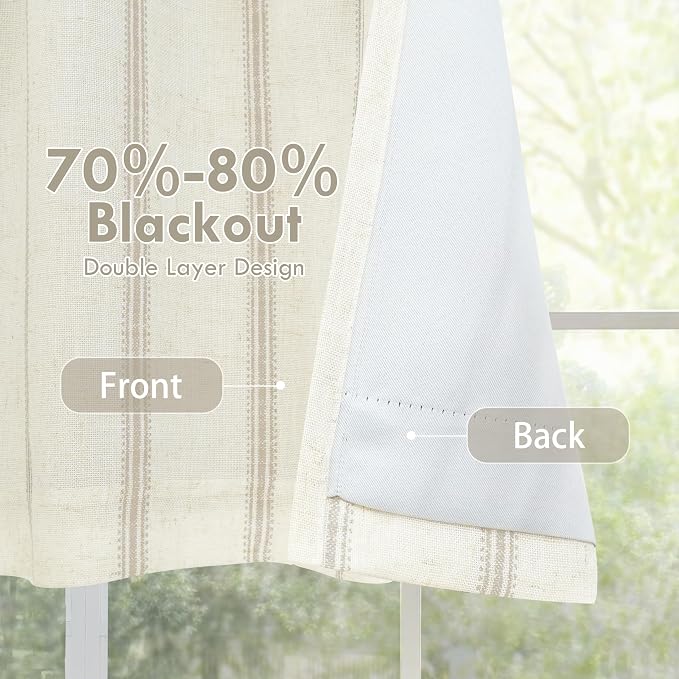 DriftAway Farmhouse Linen Lined Valance 2 Layer Thermal Insulated Room Darkening Blackout Window Valances Rod Pocket Vertical Striped Kitchen Valance for Bathroom Single 52 x 18 Inch Camel Beige