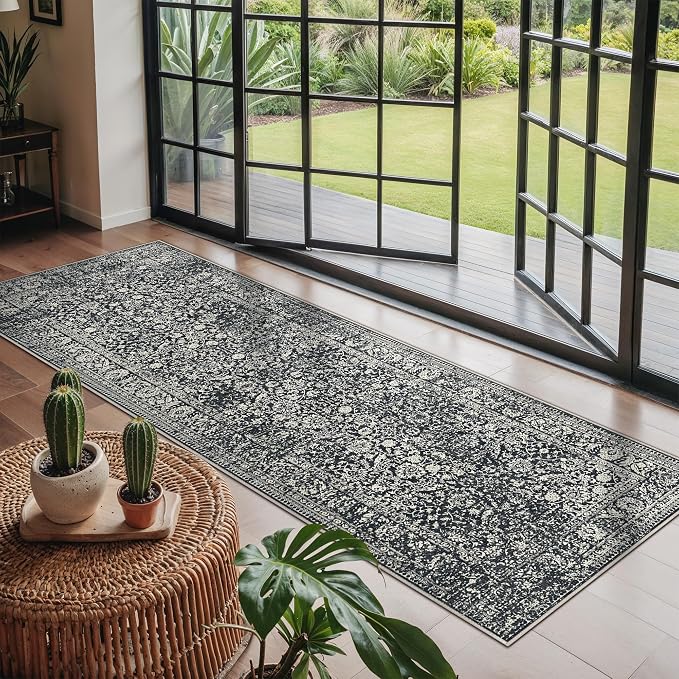 Bavni Runner Rug Non Slip, Machine Washable Rugs for Bedroom 2x6, Boho Rugs with Rubber Backing, Ultra-Thin Foldable Rug Runner for Hallways Bathroom, Black Floral