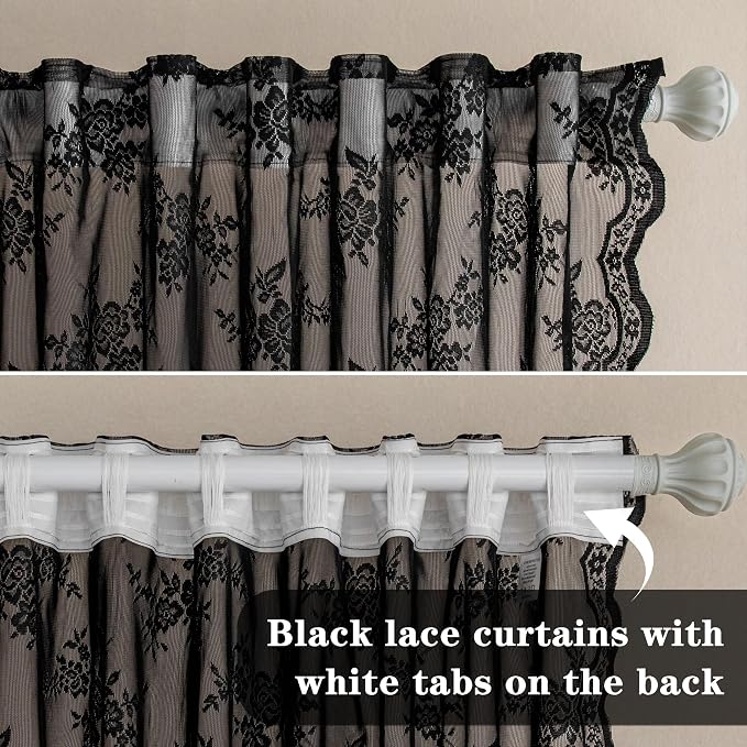 MEETSKY Black Lace Curtains 54 Inch Length Short Victorian Sheer Spooky Halloween Holiday Party Decor Rod Pocket Window Treatments for Small Windows, 50" Wide Each Panel, Black, 2 Pieces