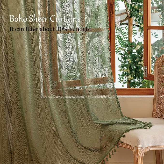 Sutuo Home Olive Green Boho Lace Curtains 84 Inches Long for Living Room&Bedroom, Bohemian Sheer Crochet Farmhouse Vintage Tassels Retro Christmas Privacy Window Curtains Rod Pocket,2 Panels 50" W