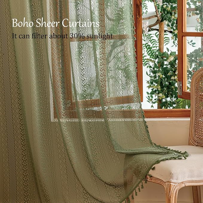 Sutuo Home Boho Lace Curtains 2 Panels 96 Inches Long for Bedroom&Living Room,Sheer Curtain French Country Decor Privacy Vintage Chic Tassels Cottage Style Christmas Rustic Rod Pocket,50"W Olive Green