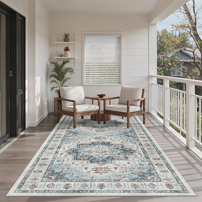 Madane 4x8 Wide Hallway Runner Rug Washable for Living Room, Blue | Soft Stain Resistant Ktichen Runners 8ft, Vintage Non Slip Low Pile Area Rugs, Thin Floor Carpet for Bathroom Dining Bedroom