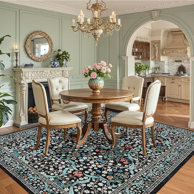 GarveeHome Washable Rug for Living Room, 9x12 Large Area Rug for Dining Room Under Table, Bedroom, Floral Soft Low Pile Non Slip Stain Resistant Carpet for Nursery, Playroom, Office, Black