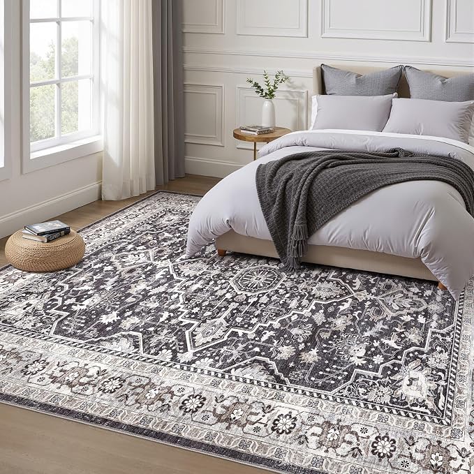 Black Rug Living Room Rugs: 10x12 Washable Boho Large Vintage Moody Soft Distressed Oriental Stain Resistant Non-Slip Indoor Floor Carpet for Bedroom Playroom Office Dining Room Retro Home House