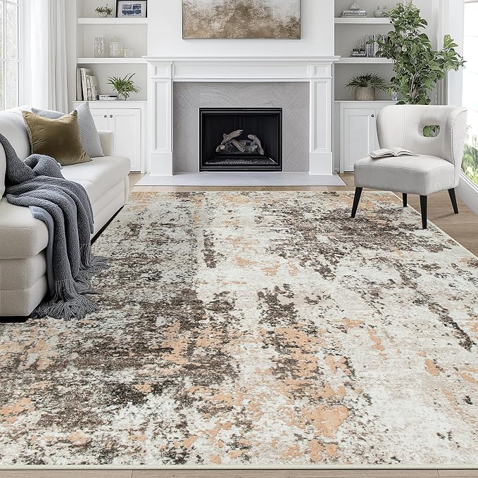 9x12 Area Rugs for Living Room Rug Washable: Abstract Large Rug for Dining Room Bedroom Carpet Non Slip 9 by 12 Indoor Modern Nursery Home Office Brown Beige