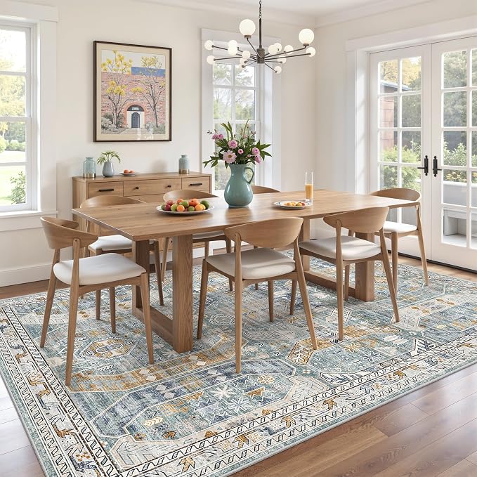 befbee 5x7 Area Rugs for Living Room,Stain Resistant Washable Rug,Non-Slip Backing Carpets for Bedroom,Kitchen,Printed Vintage Home Decor Rug (Blue/Gold, 5'x7')