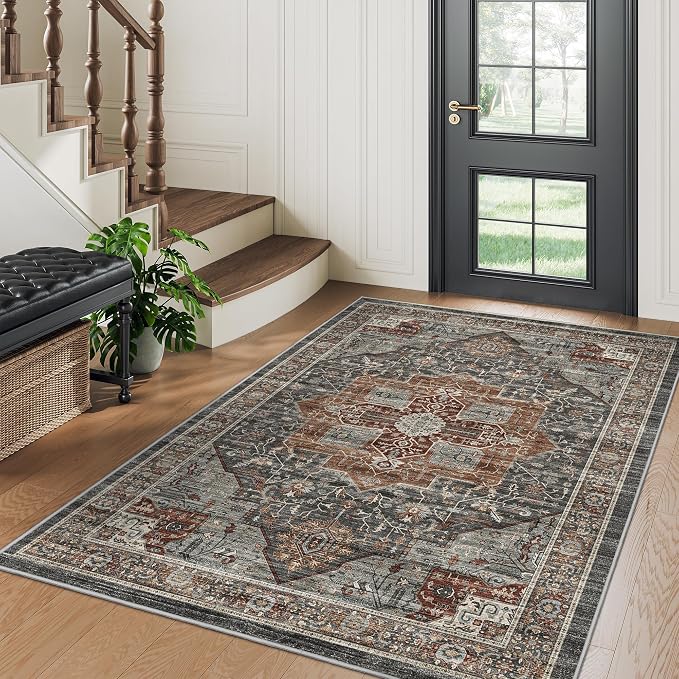 Roxstand 3x5 Area Rug - Washable Kitchen Rugs Non Slip,Soft Low Pile Small Rug for Entryway, Stain Resistant Vintage Area Rugs for Home Decor(Grey/Brown/Tan, 3'x5')