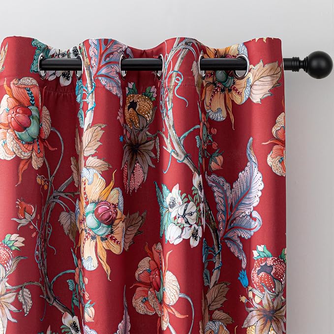 MYSKY HOME Floral Blackout Bedroom Curtains 45 Inch Length Black Out Thermal Insulated Room Darkening Curtain Printed Flower Vintage Style Grommet Window Panels, Pack-2, Terracotta