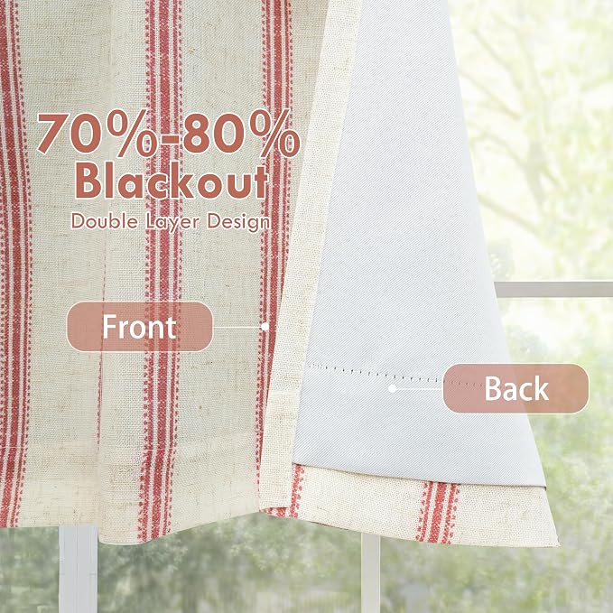 DriftAway Farmhouse Linen Lined Valance Double Layer Thermal Insulated Room Darkening Blackout Window Valances 3 Inch Rod Pocket Vertical Striped Kitchen Valance for Bathroom Single 52 x 14 Inch Red