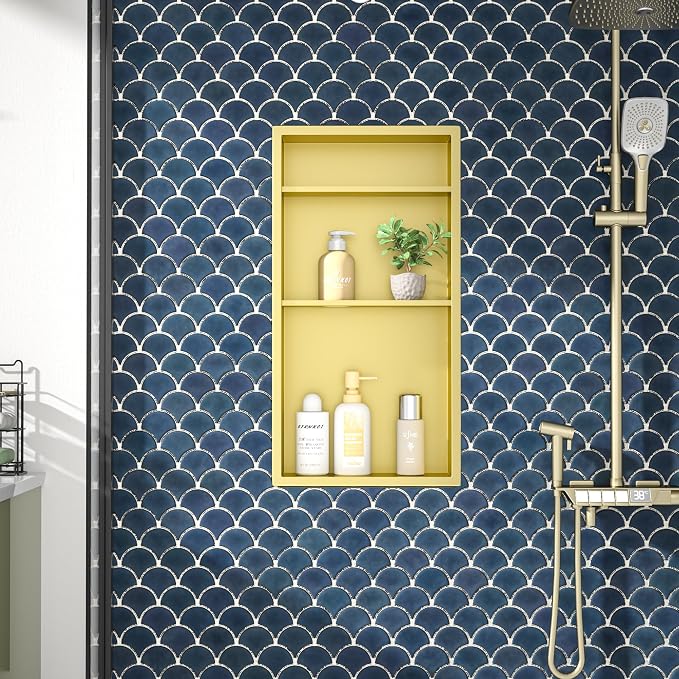 Gold Shower Niche 24" X 12" No Tile Needed Bathroom Niche Shower | 304 stainless steel shower niche,recessed niche shower for bathroom storage,vertical niche w/ 3-tier shelf,golden wall niche