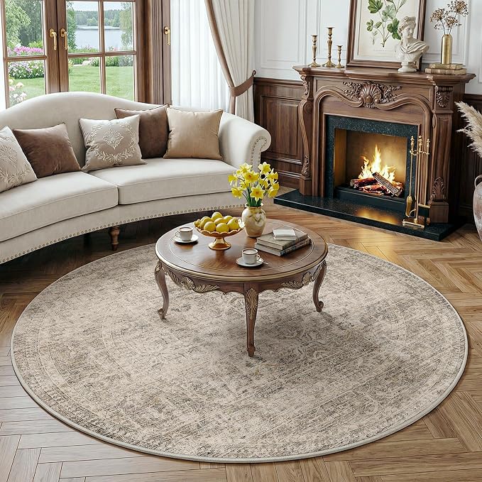 FMFUNCTEX 6ft Round Washable Area Rug Taupe Vintage Neutral Distressed Non Slip Carpet for Living Room Bedroom Soft Low Pile Indoor Mat Retro Floral Thin Rug for Dining Room Office Nursery Entry