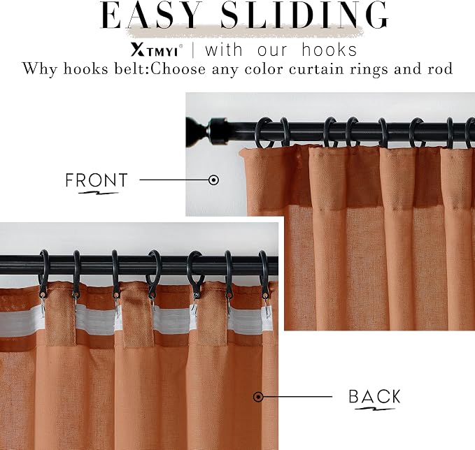 XTMYI Burnt Orange Curtains 2 Panels 84 Inches Long for Bedroom,Boho Back Tab Hooks Pleated Linen Sheer Pumpkin Color Fall Curtains for Living Room