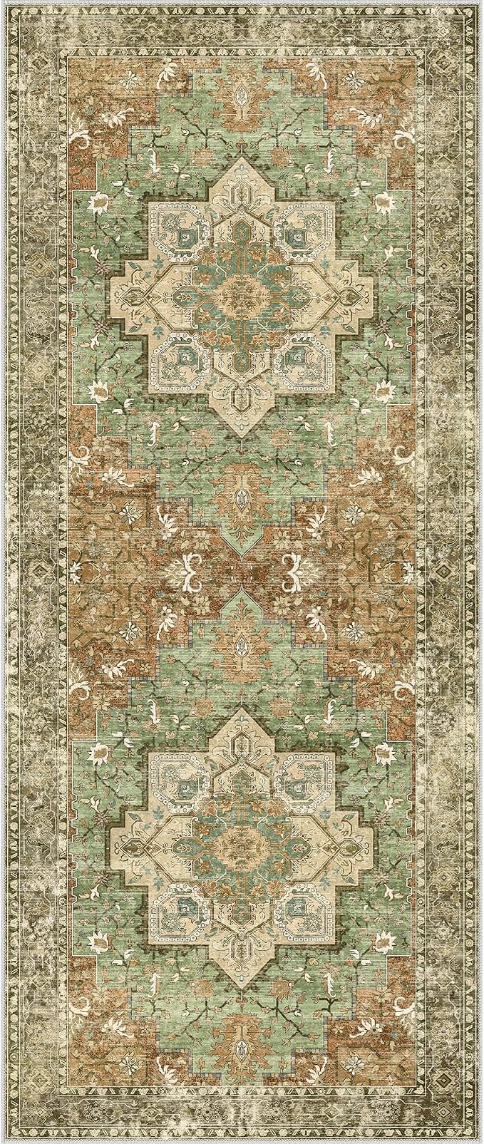 GENIMO 2'6"x6 Runner Rugs for Hallway, Machine Washable Non Slip Vintage Rugs, Low Pile Lightweight Soft Print Rug for enrtyway, Corridor, Home, Office, Kitchen, Muted Green Brown
