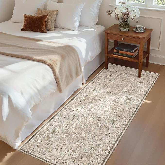 Madane Washable Runner Rug 2x6 Runners for Hallways Non Slip, Ivory/Brown | Vintage Stain-Resistant 6 Feet Kitchen Rug, Soft Low-Pile Ultra-Thin Floor Carpet Mat for Bathroom Laundry Room Bedroom 2x6ft
