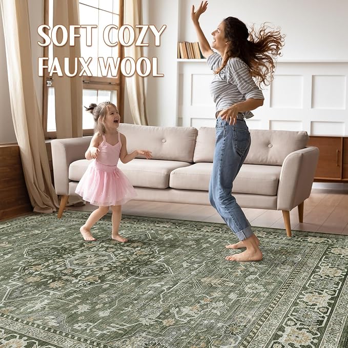 7x10 Area Rug Living Room: Washable Boho Large Neutral Vintage Soft Rugs Stain Resistant Farmhouse Non Slip Indoor Floor Carpet for Bedroom Nursery Kids Playroom Office Dining Room Home- Dark Green