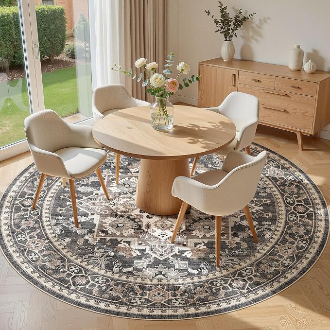 8ft Round Area Rug: Washable Vintage Neutral Soft Non Slip Thin Large Floor Carpet for Living Room Bedroom Kitchen Dining Room Home Office Farmhouse Indoor - Black