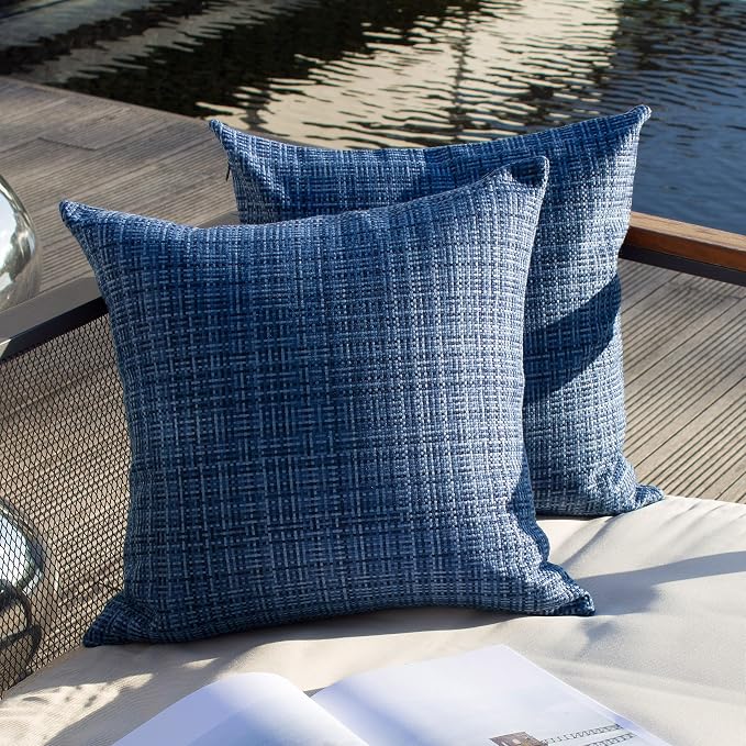 Kevin Textile Pack of 2 Decorative Outdoor Waterproof Pillow Covers Garden Cushion Sham Throw Pillowcase Shell for Patio Tent Couch 24x24 Inch Navy Blue