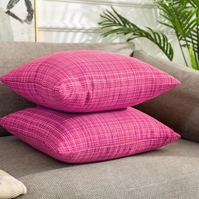 Kevin Textile Outdoor Waterproof Throw Pillow Covers 14x24 Inch Pack of 2 Woven Faux Linen Farmhouse Decorative Water Resistant Lumbar Cushion Covers for Tent Patio Garden Couch Sofa Hot Pink