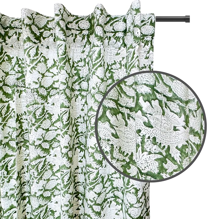 ATOSII 100% Cotton Single Panel Floral Block Print Curtain, Easy Hanging with Rod Pocket & Loop, Living Room, Dining Room, Bedroom Light Filtering Boho Curtains, Set of 1, 60"W X 108"L, Meraki Green