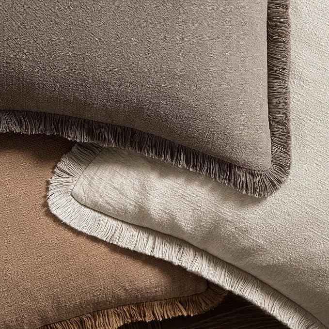 MIULEE Decorative Throw Pillow Covers Neutral Linen Fringe Throw Pillows Set of 2 Natural Coffee Boho Farmhouse Cushion Covers with Tassels for Couch Sofa Bed Living Room Fall Decor 20x20 Inch