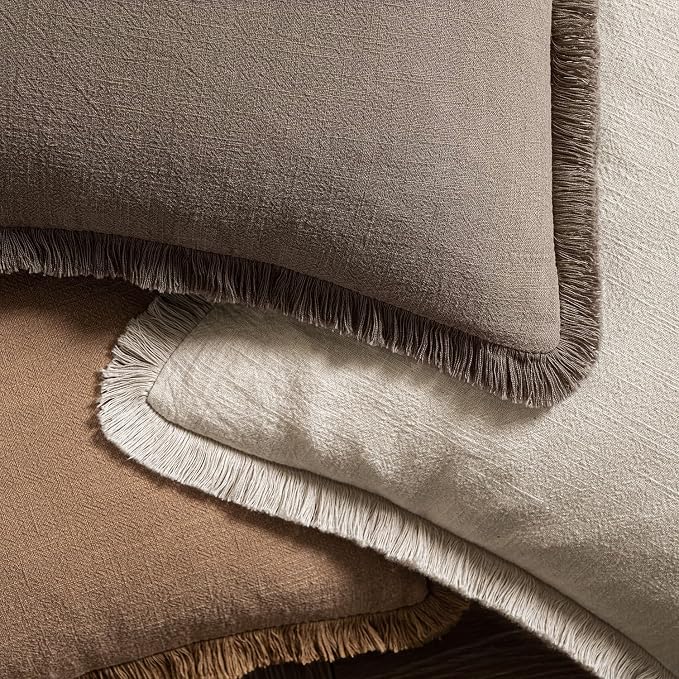 MIULEE Decorative Throw Pillow Covers Neutral Linen Fringe Throw Pillows Euro Shams Set of 2 Natural Coffee Boho Farmhouse Cushion Covers for Couch Sofa Bed Living Room Fall Home Decor 24x24 Inch