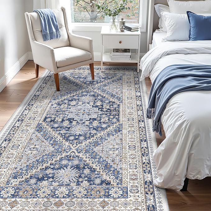 zesthome 4x8 Rug for Bedroom,Wide Runner Rug for Hallway, Non Slip Washable Runner Rug for Living Room, Low Pile Soft Entryway Kitchen Rug, Modern Home Decor Mat for Dining Room(Blue/Beige,4'x8')